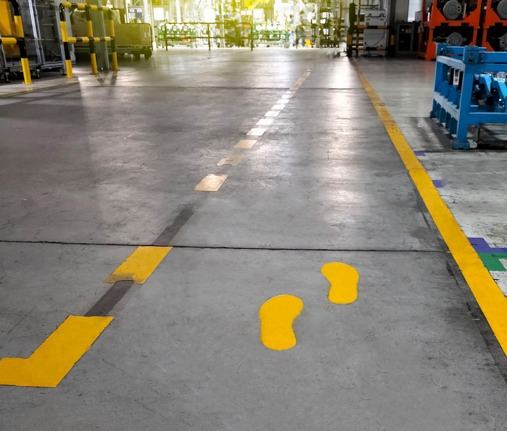 A Warehouse Floor with Yellow Footprints Painted on It — Slippery Solutions In Cranbrook, QLD