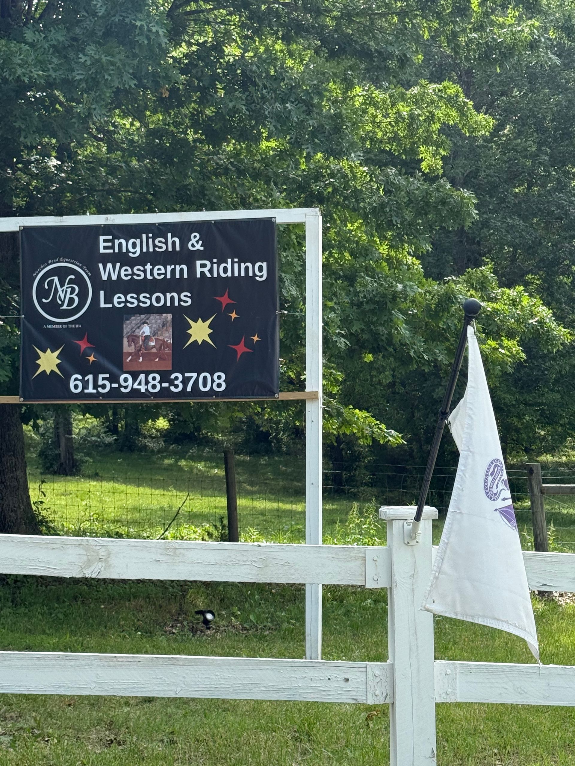 Sign for English and writing lessons with phone number, beside a white fence in a grassy yard.