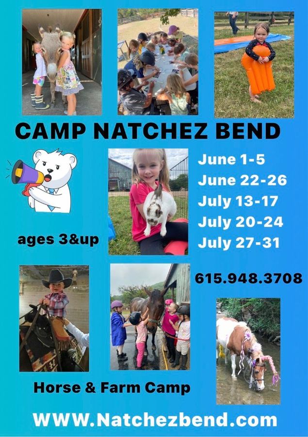 Camp Natchez Bend horse and farm camp flyer with children, horses, and summer dates.