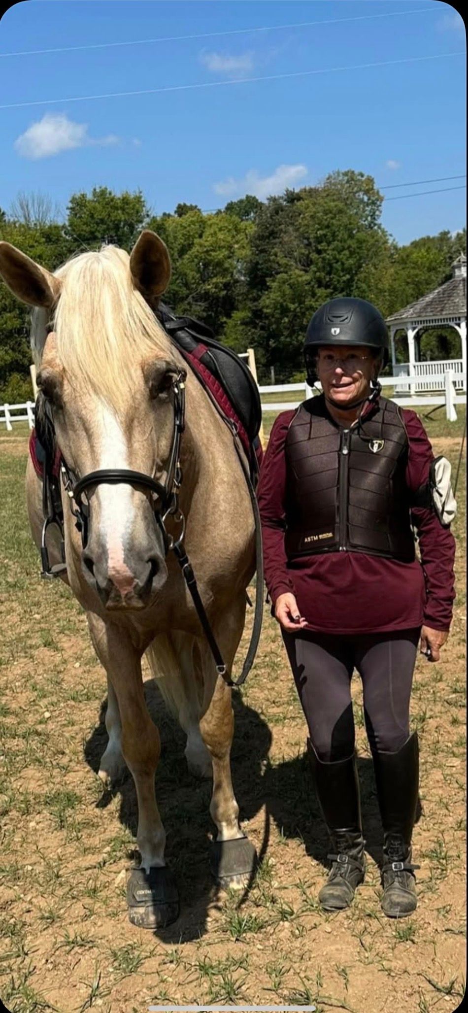Person in a black helmet standing beside a tan horse in a sunny field