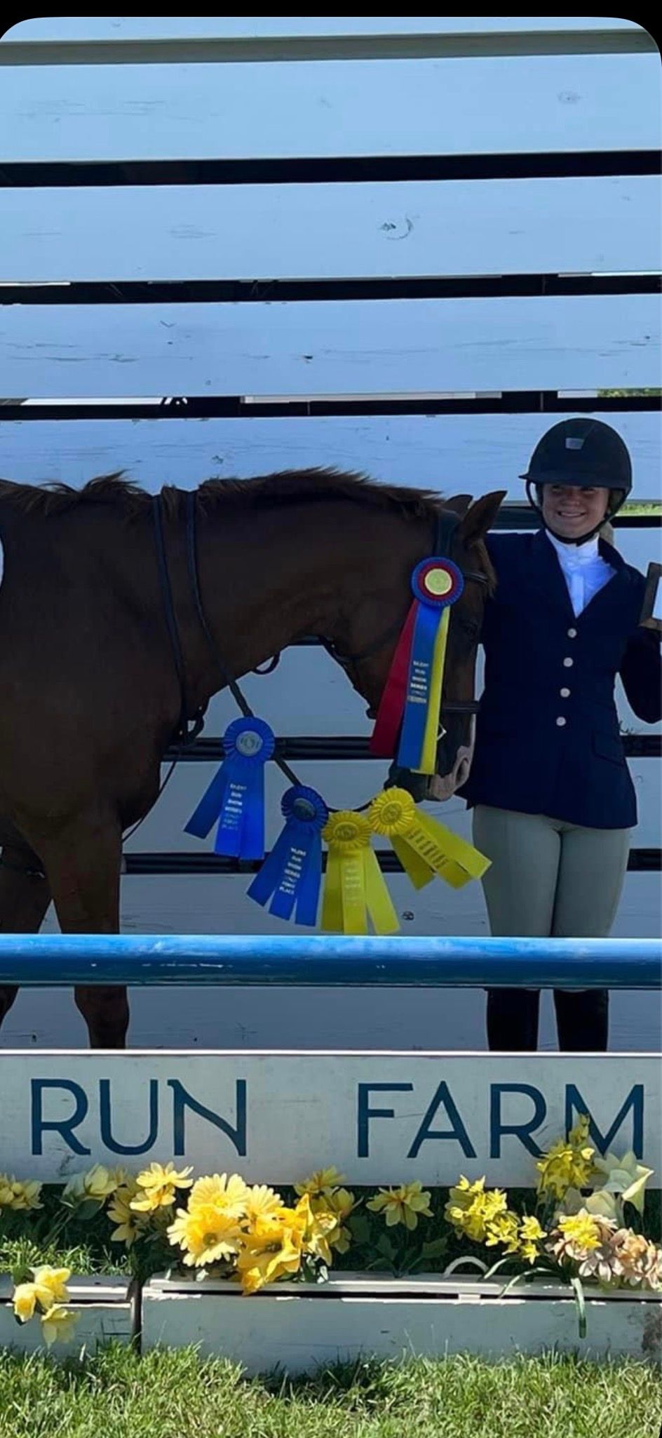 Horse and rider beside a ribboned award at the Run Farm jump arena