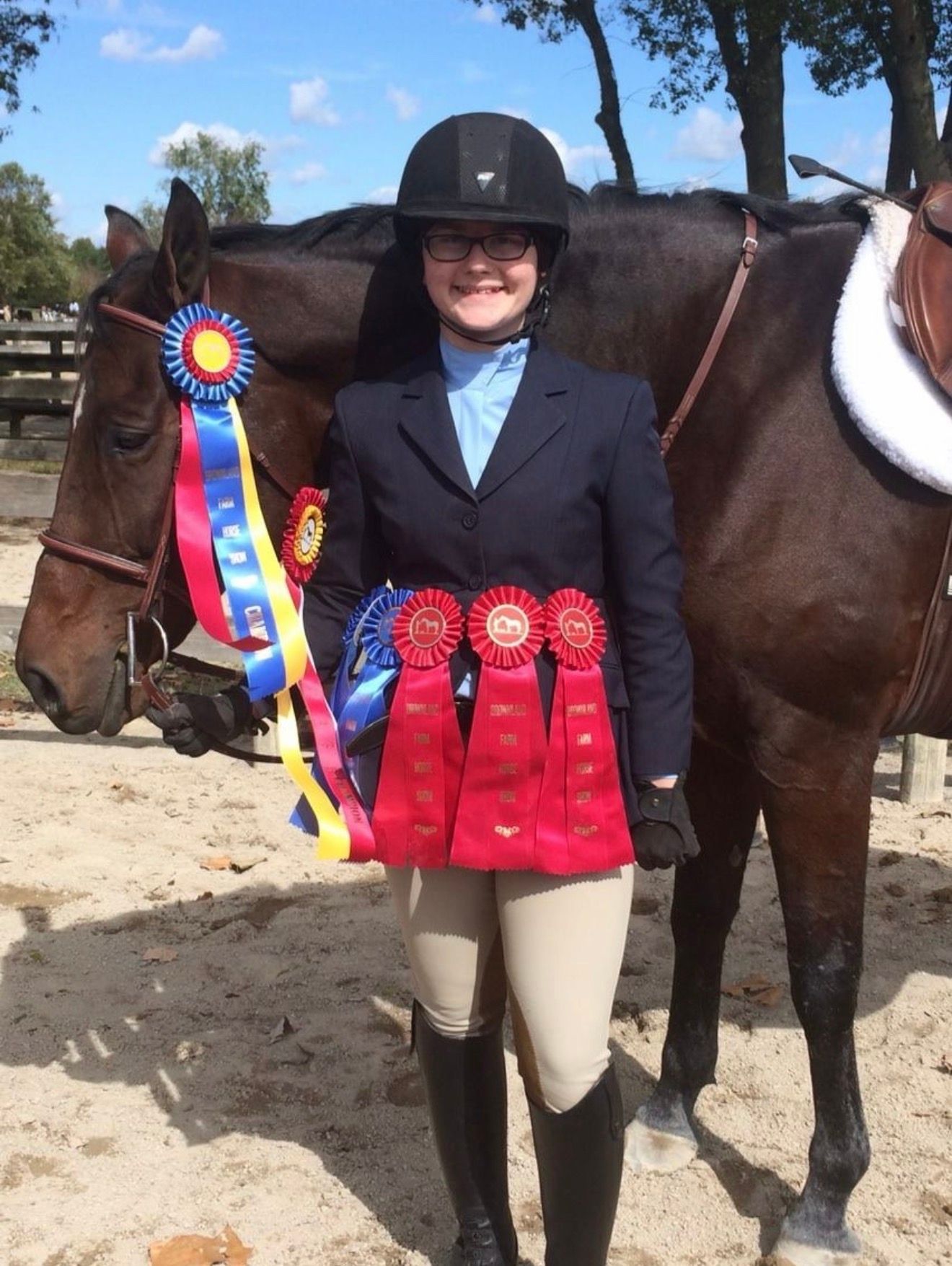 Woman in riding helmet beside horse with blue and red award ribbons on a sunny beach