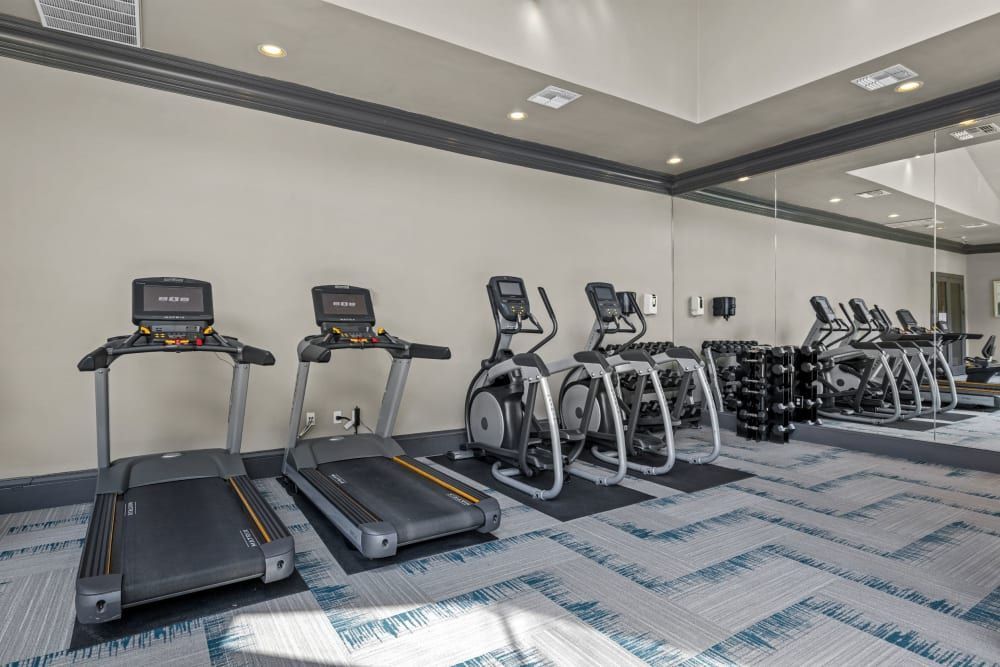 Modern gym interior with a row of treadmills, stationary bikes, and a set of weights on a rack by the mirrored wall on patterned blue carpet flooring at Brooks on Preston in Plano, TX.