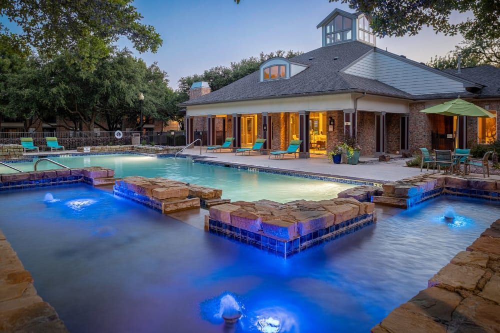 Swimming pool at night at Brooks on Preston in Plano, TX.
