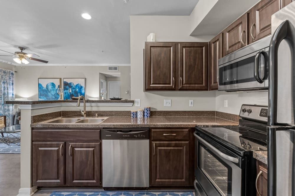 Modern kitchen interior with dark wooden cabinets, granite countertops, and stainless steel appliances, including a refrigerator, dishwasher, microwave, and stove. A double sink is fitted into the countertop. In the background, there's an open living area with a glimpse of a dining table, chairs, and blue decorative wall art at Brooks on Preston in Plano, TX.