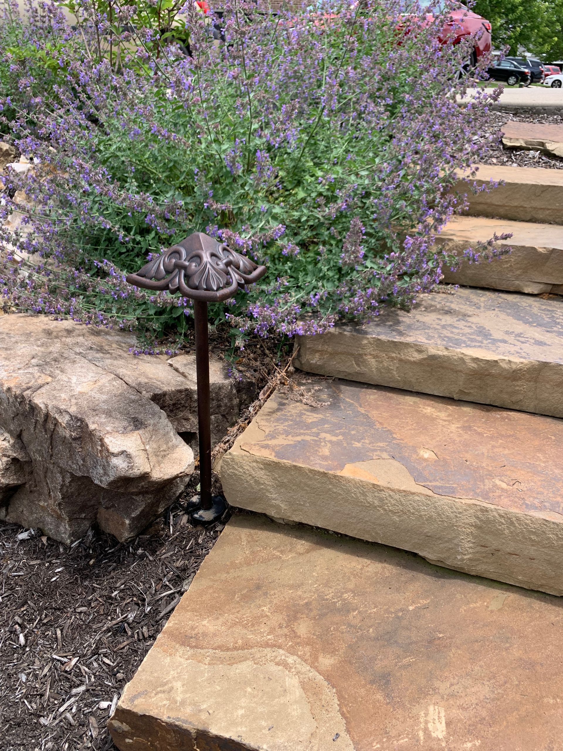 Stone steps with a purple-flowered bush, and a decorative garden light.