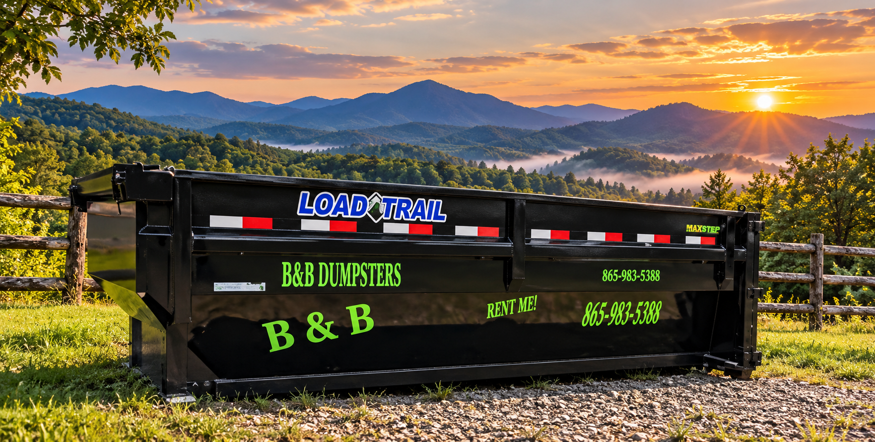 Black B&B dumpster at sunset with mountain and vineyard view