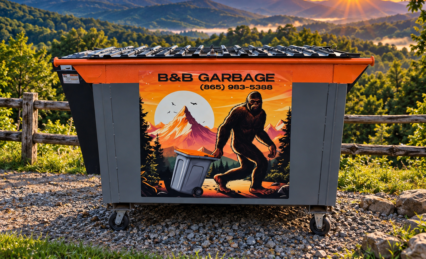 BBQ Garages dumpster with mountain fire mural, set beside a roadside in a sunny rural landscape