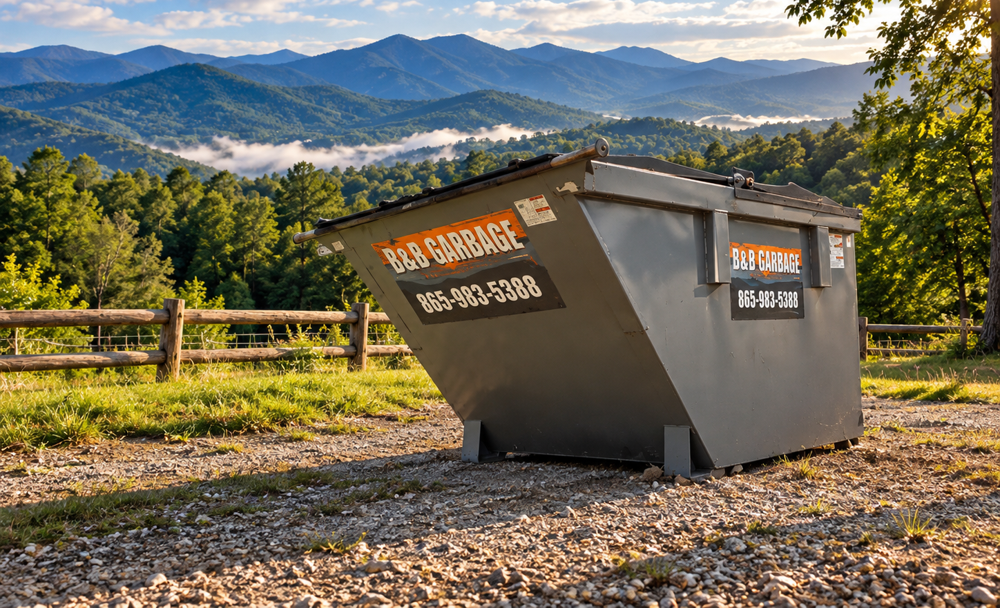 Large gray dumpster on a gravel overlook with mountain valley and trees in the background