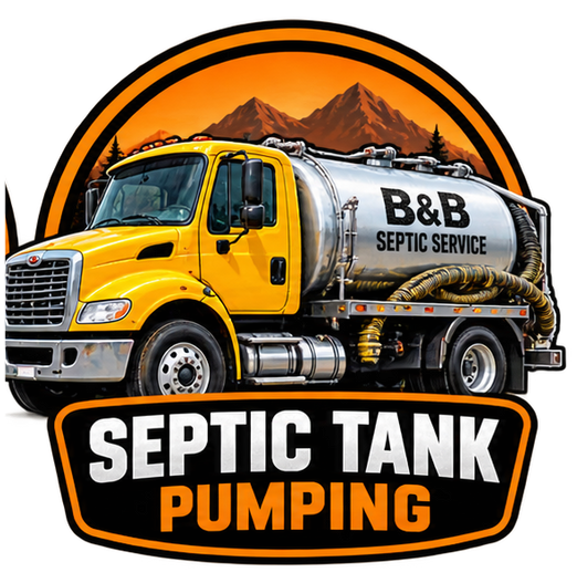Yellow septic truck with B&B Septic Service logo and “Septic Tank Pumping” text