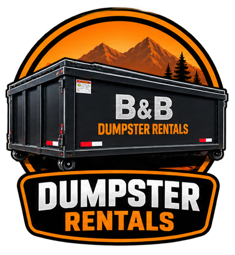 B&B Dumpster Rentals logo with black dumpster and orange mountain background