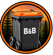 Black B&B trash bin with orange lid and wheels, set before pine trees and mountains in a circular logo
