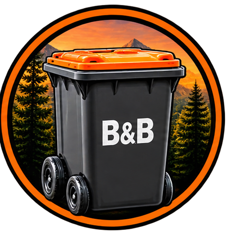 Black B&B trash bin with orange lid and wheels, framed by pine trees and a mountain sunset.