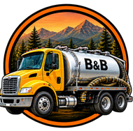 Yellow B&B tanker truck with mountain backdrop in a circular orange-and-black logo