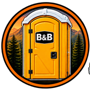 Yellow portable toilet with B&B sign, set against a sunset forest background in a circular logo.