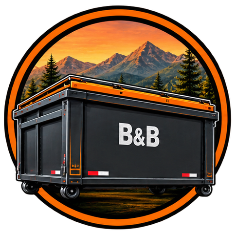 Black B&B dumpster with orange trim in front of a mountain sunset logo
