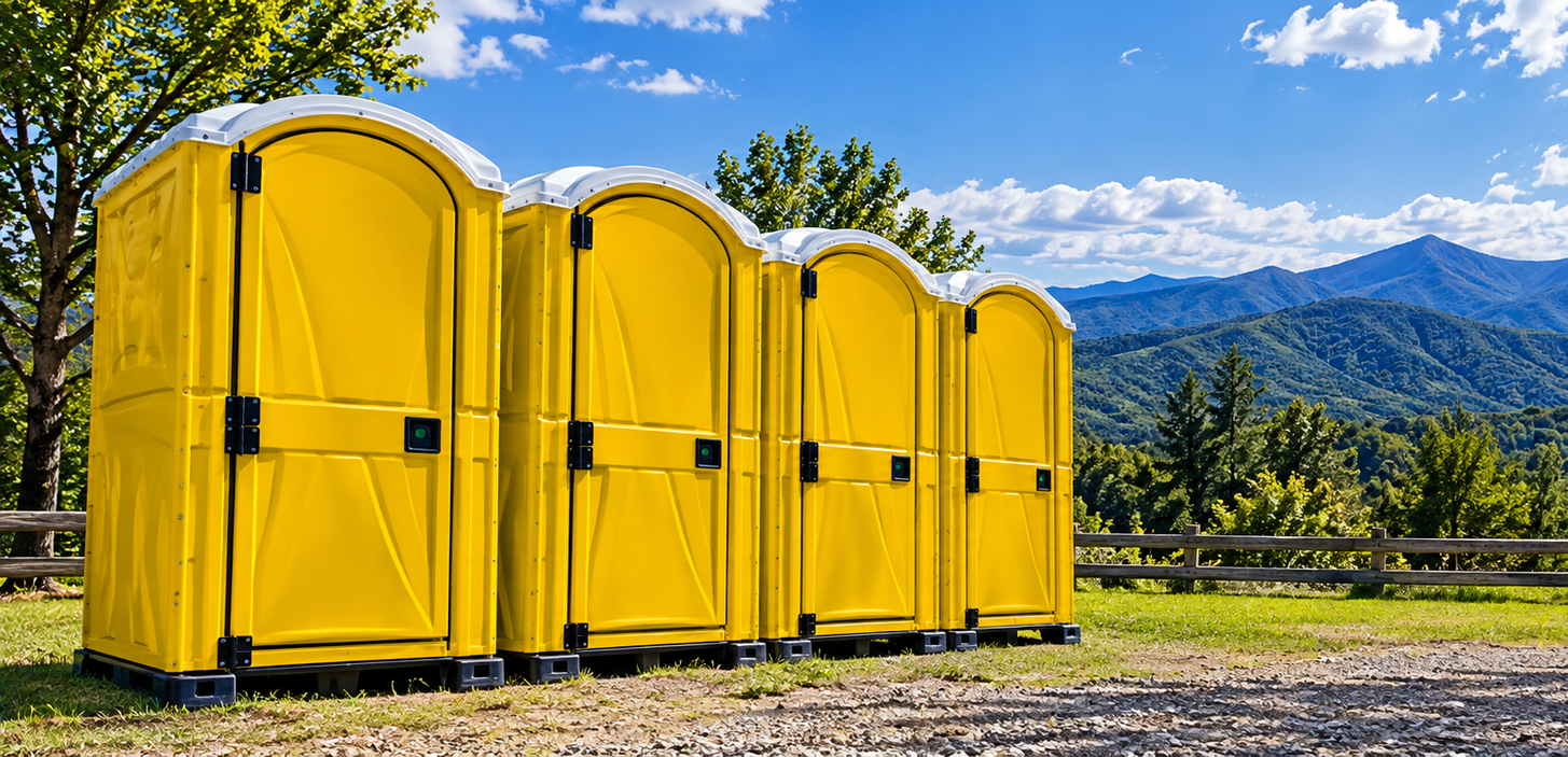 Four bright yellow portable toilets on gravel with mountains and blue sky in the background