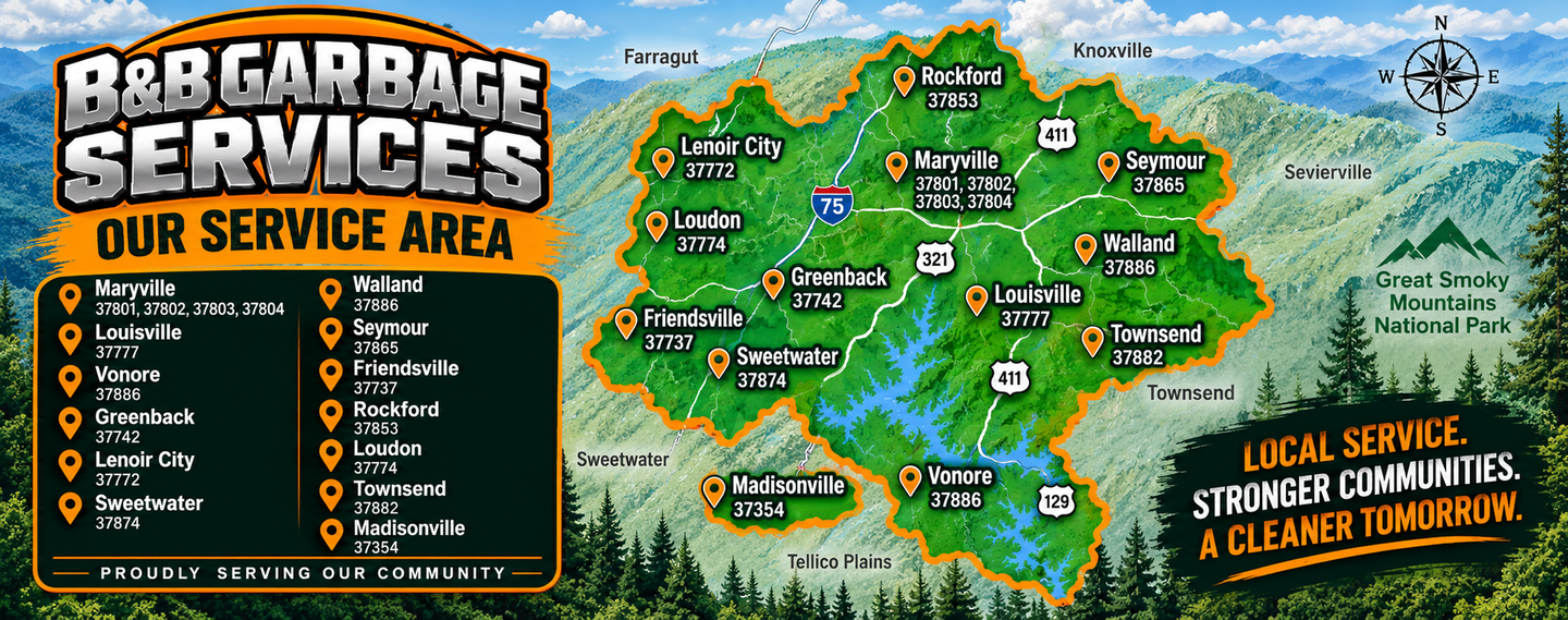 Map of “Bar-Garbage Services” service area with routes, town markers, and contact details over a forested landscape.