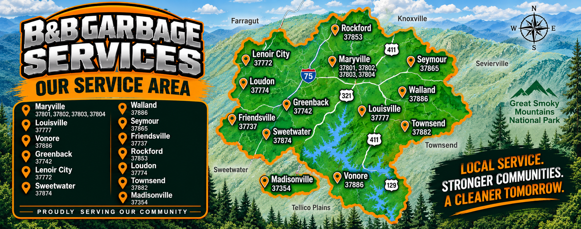 Map of “Bar-Garbage Services” service area with routes, town markers, and contact details over a forested landscape.