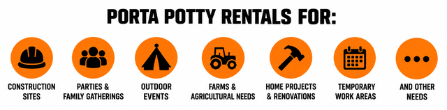 Orange service icons advertising porta potty rentals for construction, events, outdoor sites, farm, and emergency needs