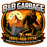 B&B Garbage logo with a Bigfoot pushing a trash bin in front of a mountain sunset and phone number (865) 468-7774
