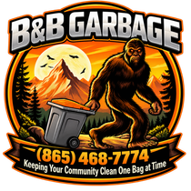 B&B Garbage logo with a Bigfoot pushing a trash bin in front of a mountain sunset and phone number (865) 468-7774