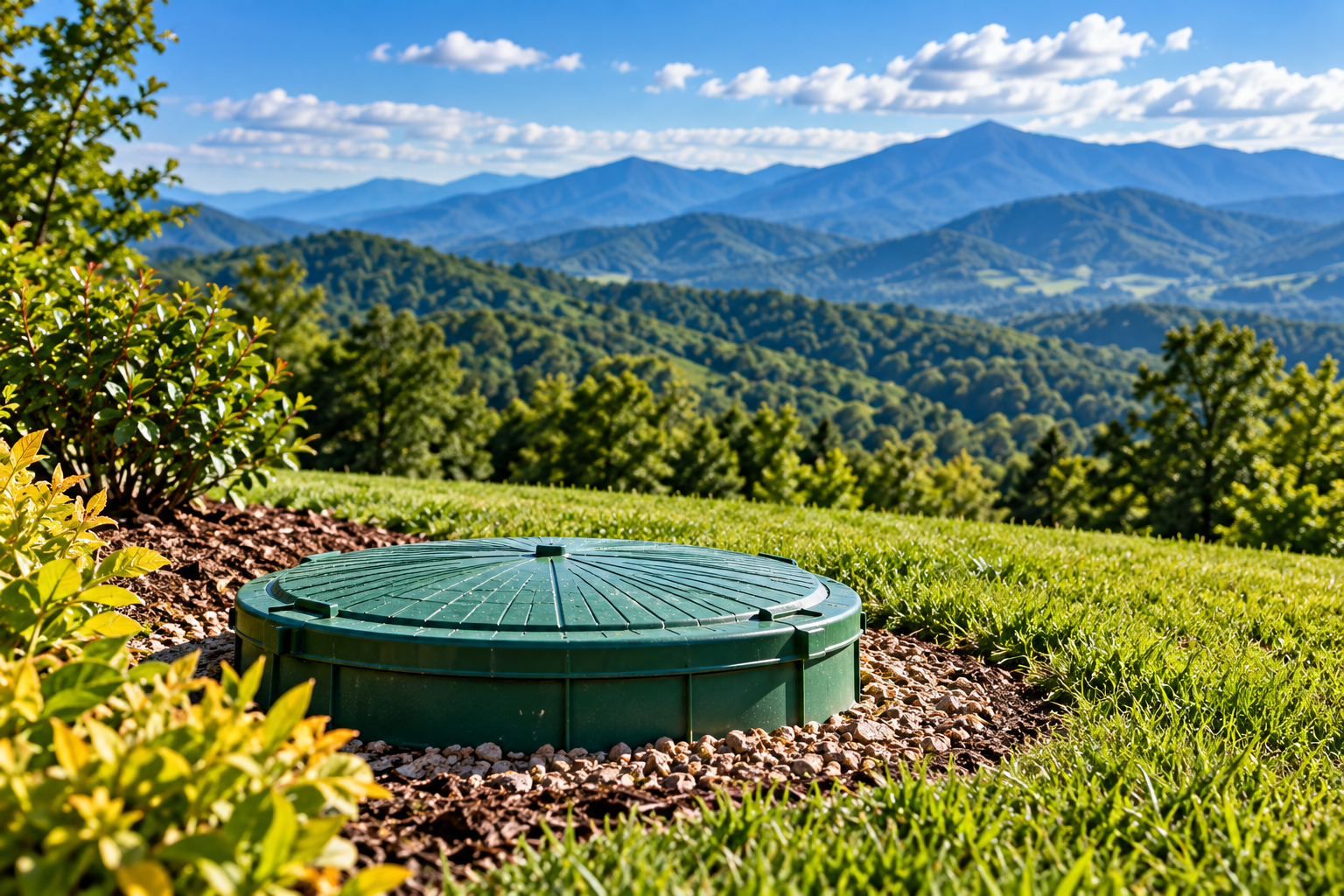 Green septic tank cover in a sunny grassy field with mountains in the background