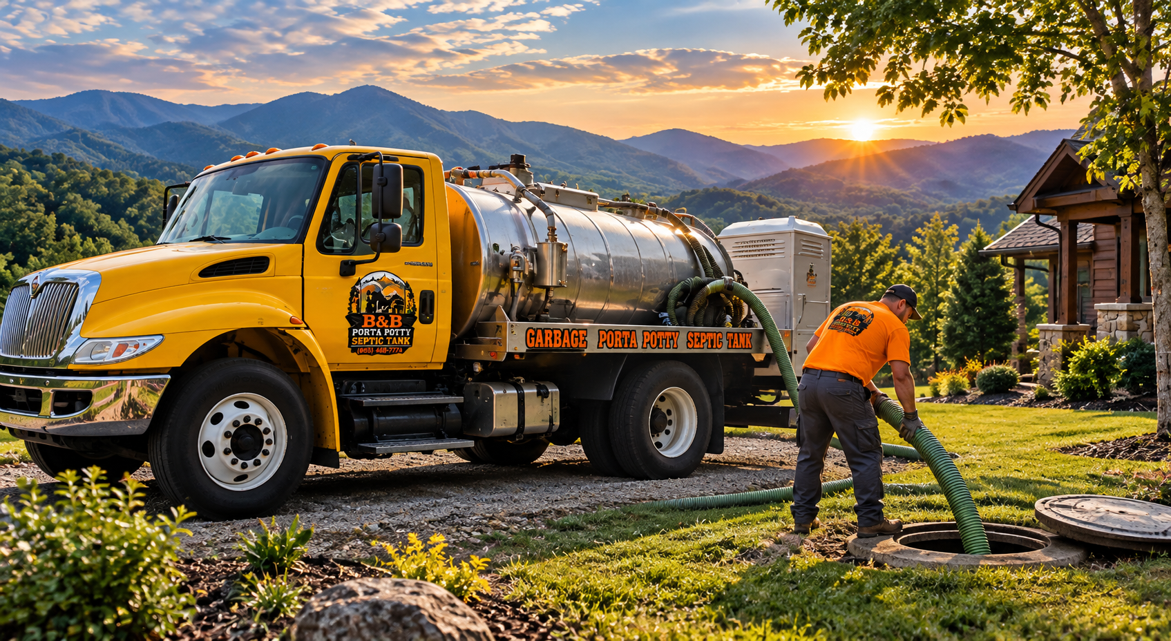 Yellow utility truck and worker on a lawn at sunset with mountains in the background