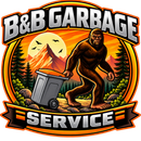 B&B Garbage logo with a Bigfoot pushing a trash bin in front of a mountain sunset and phone number (865) 468-7774