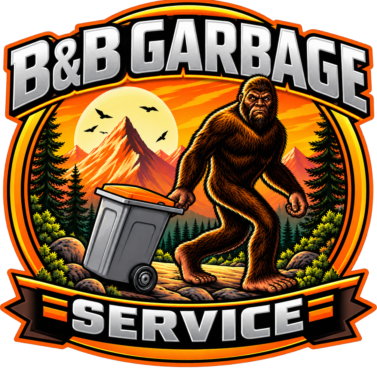B&B Garbage logo with a Bigfoot pushing a trash bin in front of a mountain sunset and phone number (865) 468-7774
