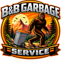 B&B Garbage logo with a Bigfoot pushing a trash bin in front of a mountain sunset and phone number (865) 468-7774