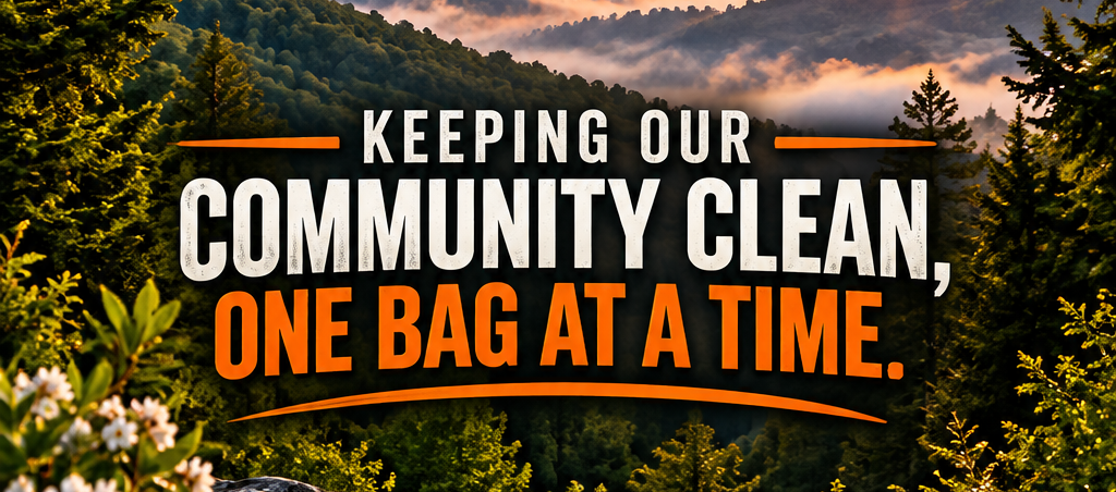 Keep our community clean, one bag at a time, over a forested mountain sunset backdrop