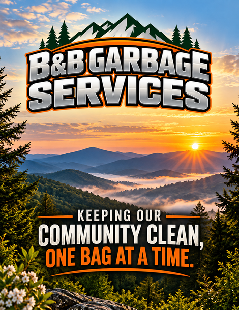B&B Garbage Services logo over mountain sunrise with slogan: “Keeping our community clean, one bag at a time.”