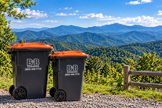Two black trash bins with orange lids overlooking a green mountain valley under a blue sky