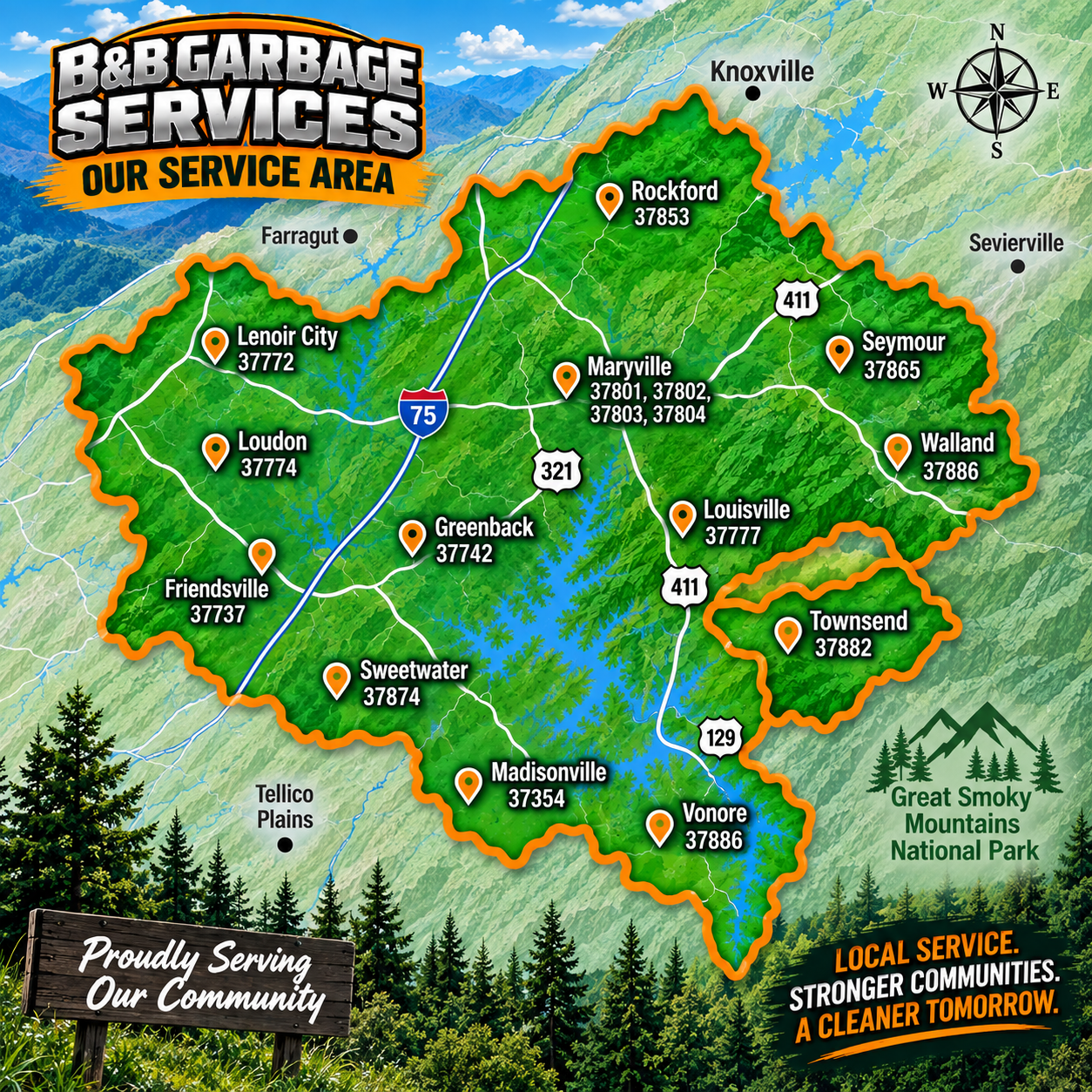 B&B Garbage Services map of Knoxville service area with town markers and route boundaries