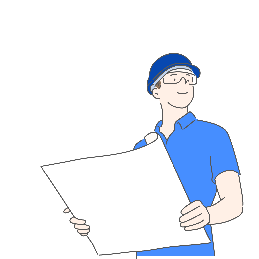 Construction worker in blue holding a blueprint, wearing a hard hat and safety glasses, looking to the side.