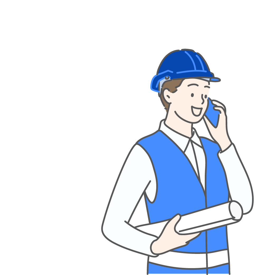 Construction worker in blue hard hat and vest, talking on a phone, holding a rolled blueprint.