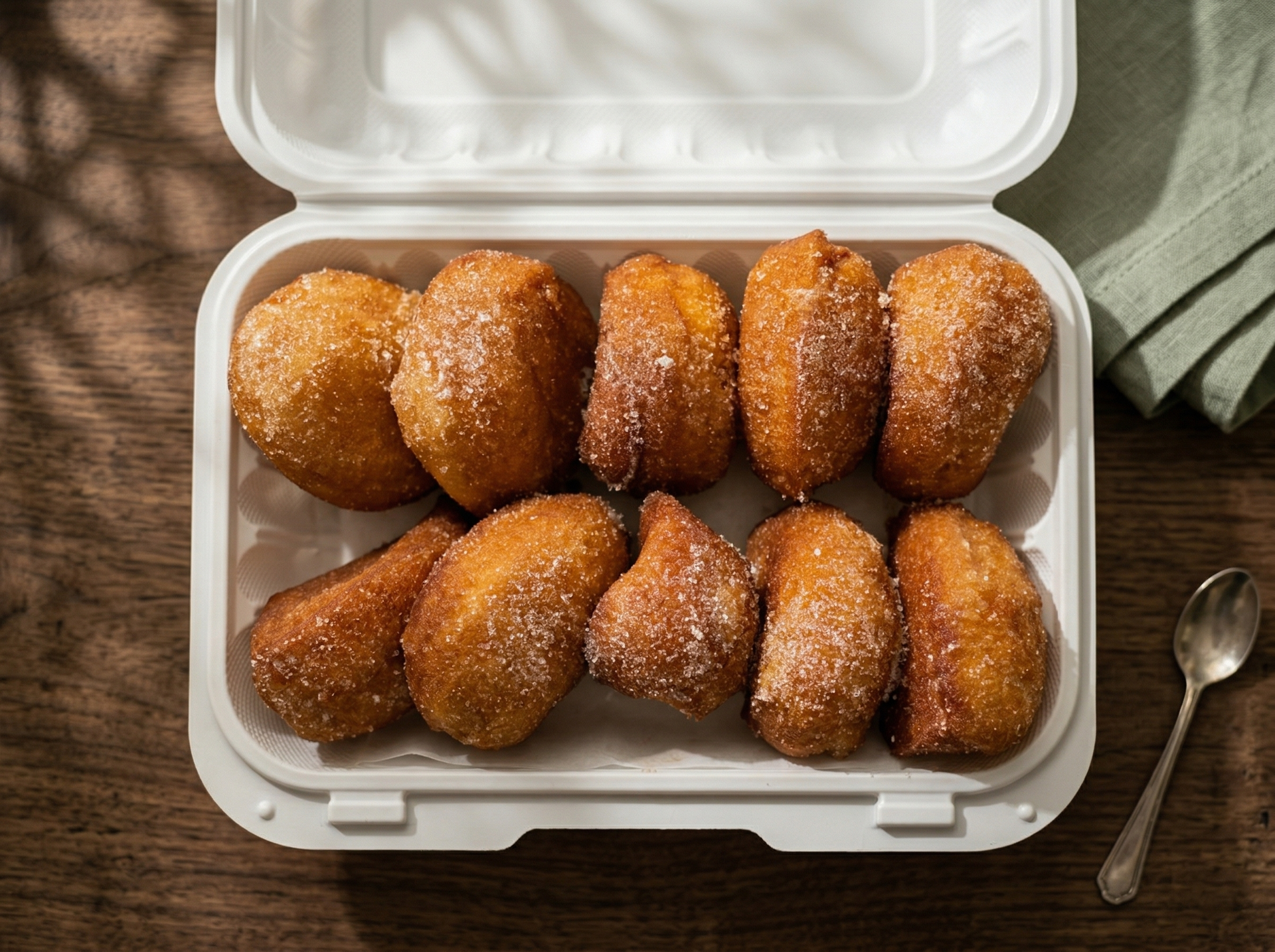 A white takeout container filled with ten golden-brown, sugar-dusted fried pastries on a wooden table with a small spoon.