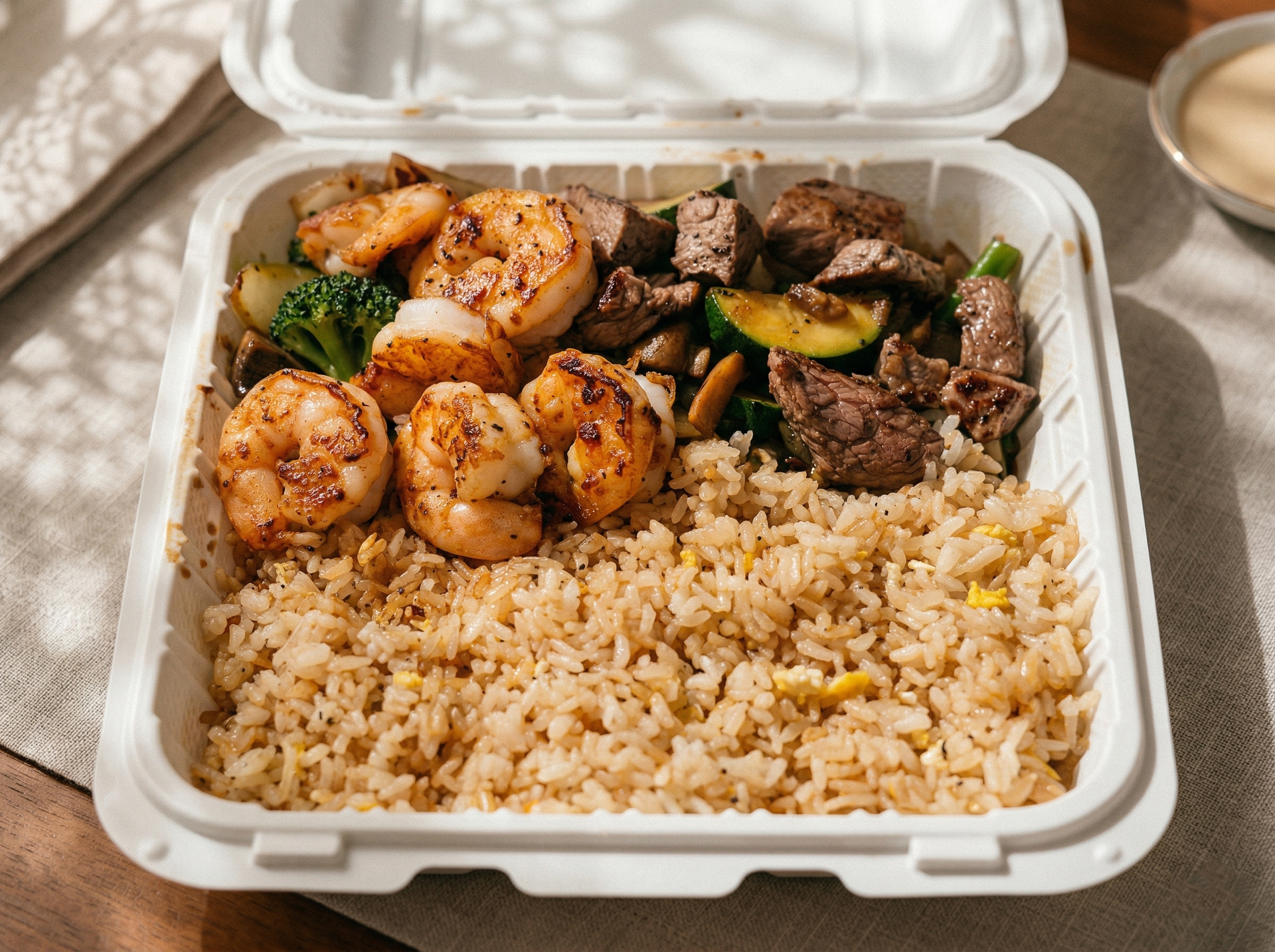 A takeout container filled with shrimp, steak, vegetables, and fried rice on a tan tablecloth next to a small sauce cup.