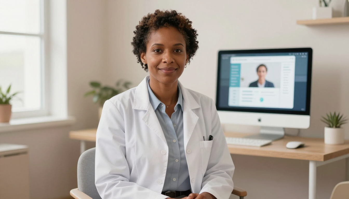 Doctor seated in a bright office with a computer showing a video call on the desk behind her