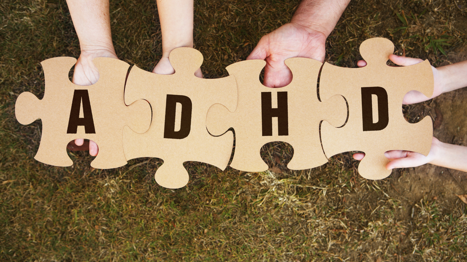 Multiple hands holding connected puzzle pieces spelling “ADHD” over grass, symbolizing teamwork, support, and coordinated care in ADHD treatment.