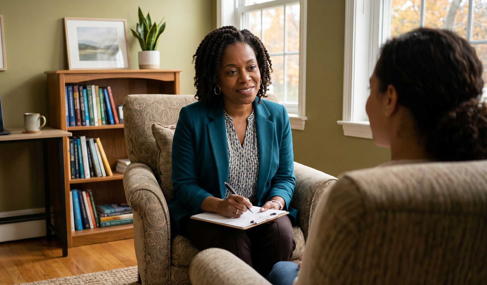 Therapist speaking with a client in a cozy office, seated in armchairs near a bookshelf and window.