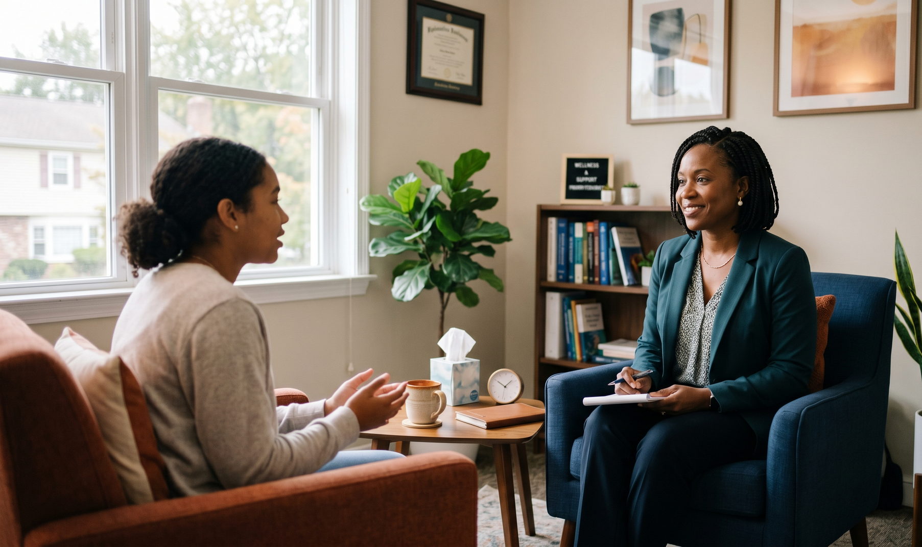 Two people talking in a cozy office with chairs, a plant, bookshelves, and framed wall art.