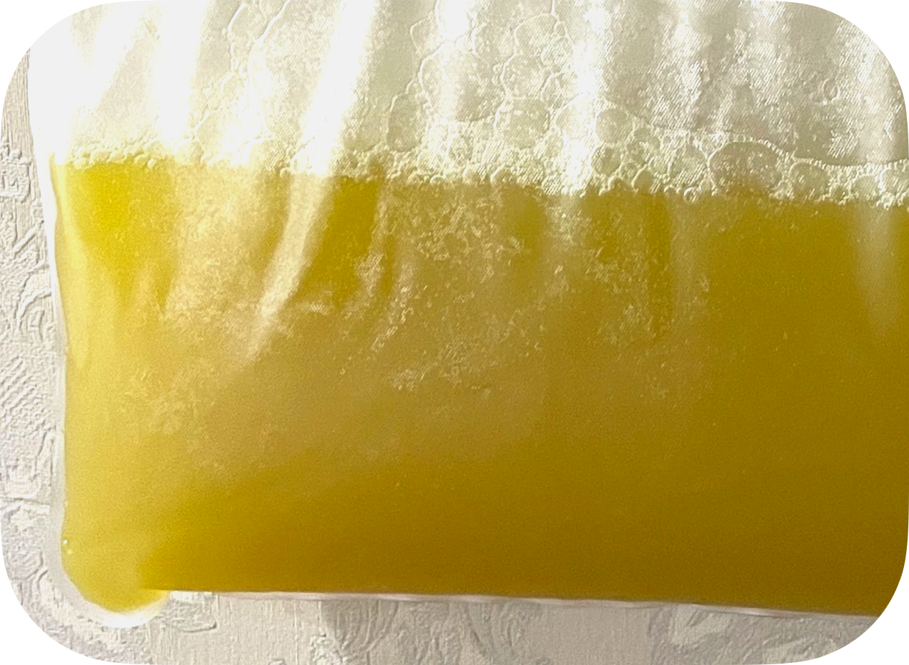 一杯泡沫豐富的黃色飲料盛在透明玻璃杯中,放在白色表面上。