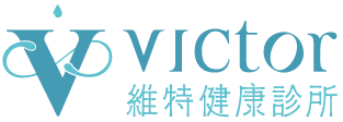 藍色和金色的「victor」標誌，下方有中文文字，以及一個風格化的V形圖案。