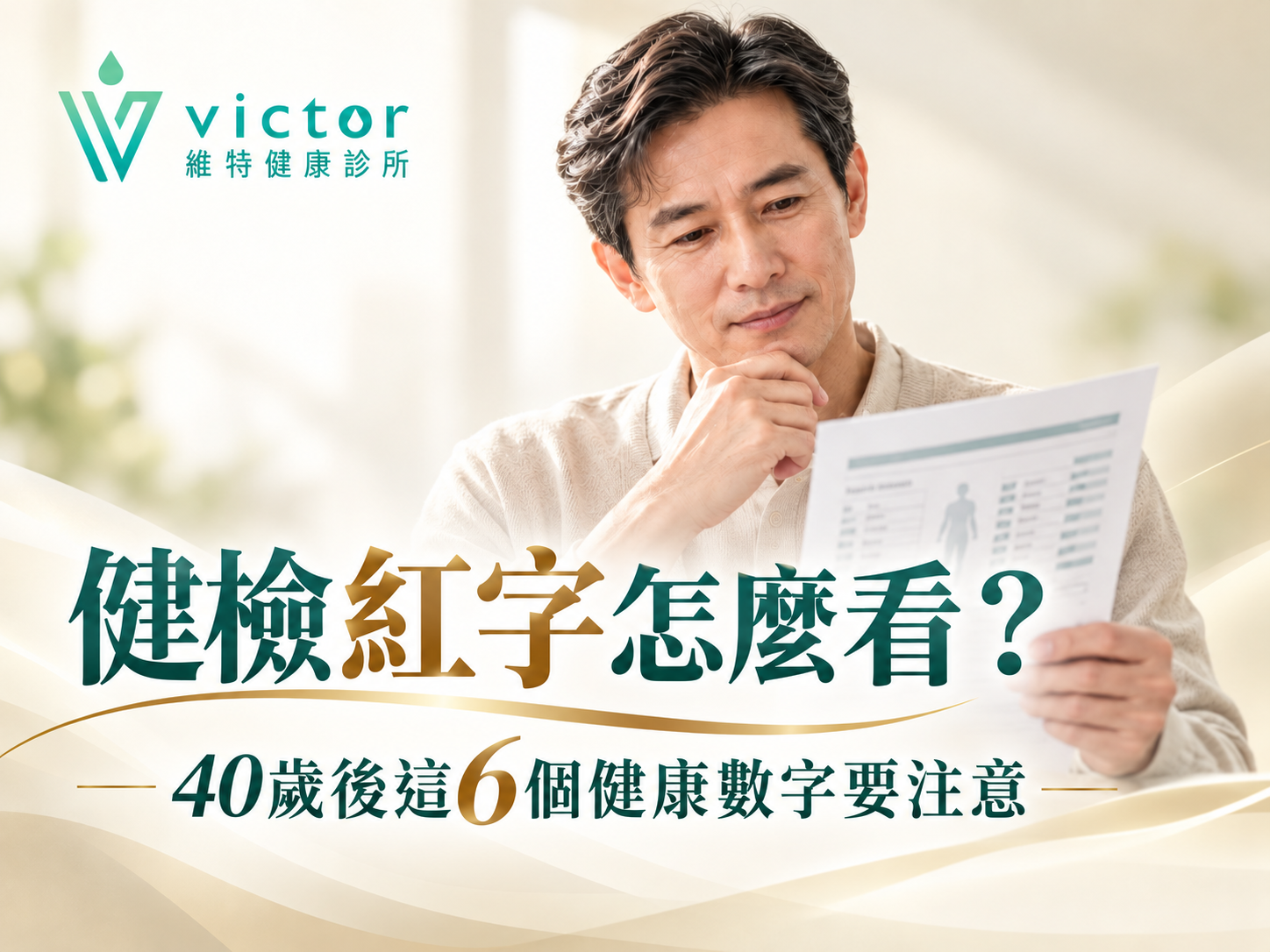 男士在明亮室内阅读健检报告，文字写着“健检红字怎麽看？40岁後6个健康数字要注意”
