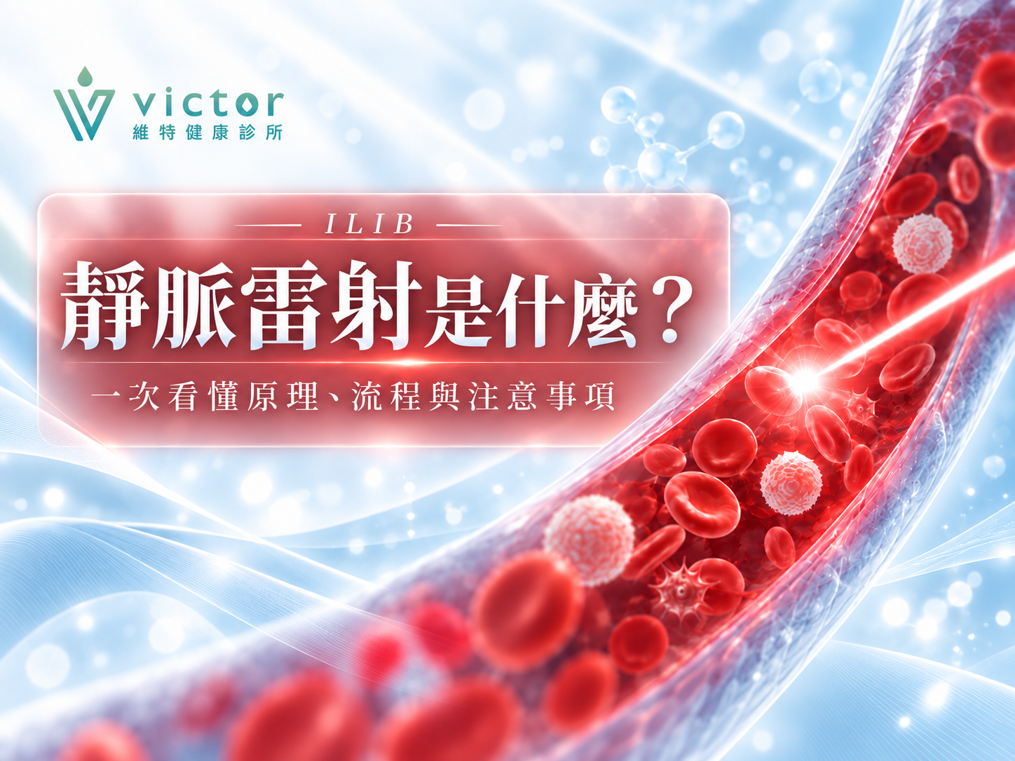 維克特醫療宣傳圖，紅血球與血管背景，標題「靜脈雷射是什麼？」