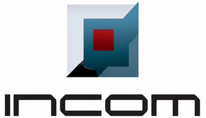 Logotipo de INCOM con un icono geométrico azul y rojo sobre la palabra “INCOM”.