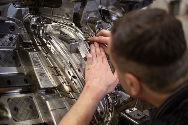 Técnico inspeccionando un componente metálico de una máquina dentro de un taller industrial.
