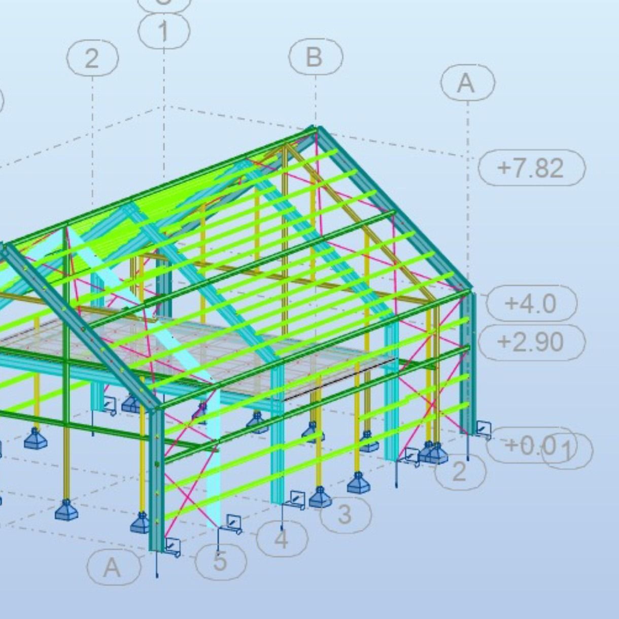 Modelo CAD 3D de un edificio con estructura de acero, vigas de colores y marcadores de cuadrícula numerados.